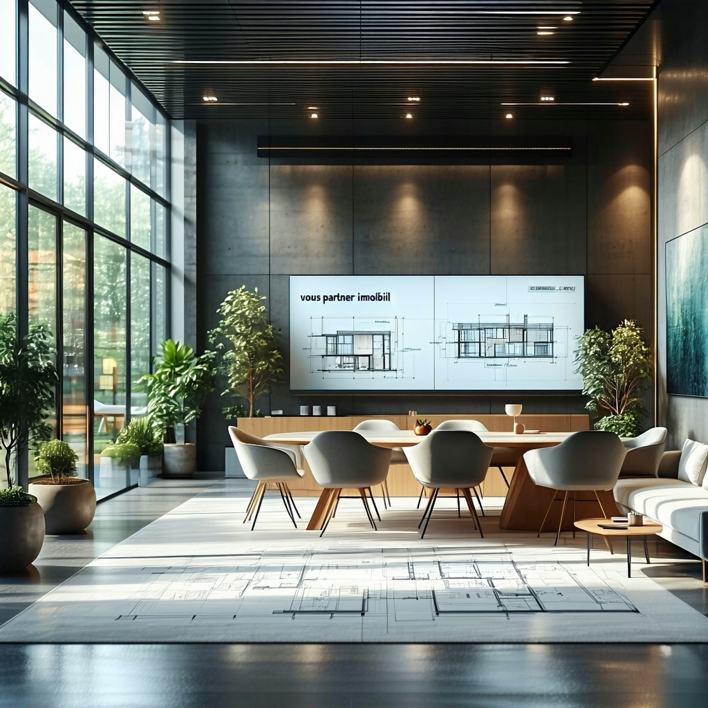 The image depicts a modern stylish real estate office with a welcoming atmosphere Bright sunlight floods through large glass windows illuminating a sleek reception area adorned with contemporary furniture A friendly staff member greets clients at the-1